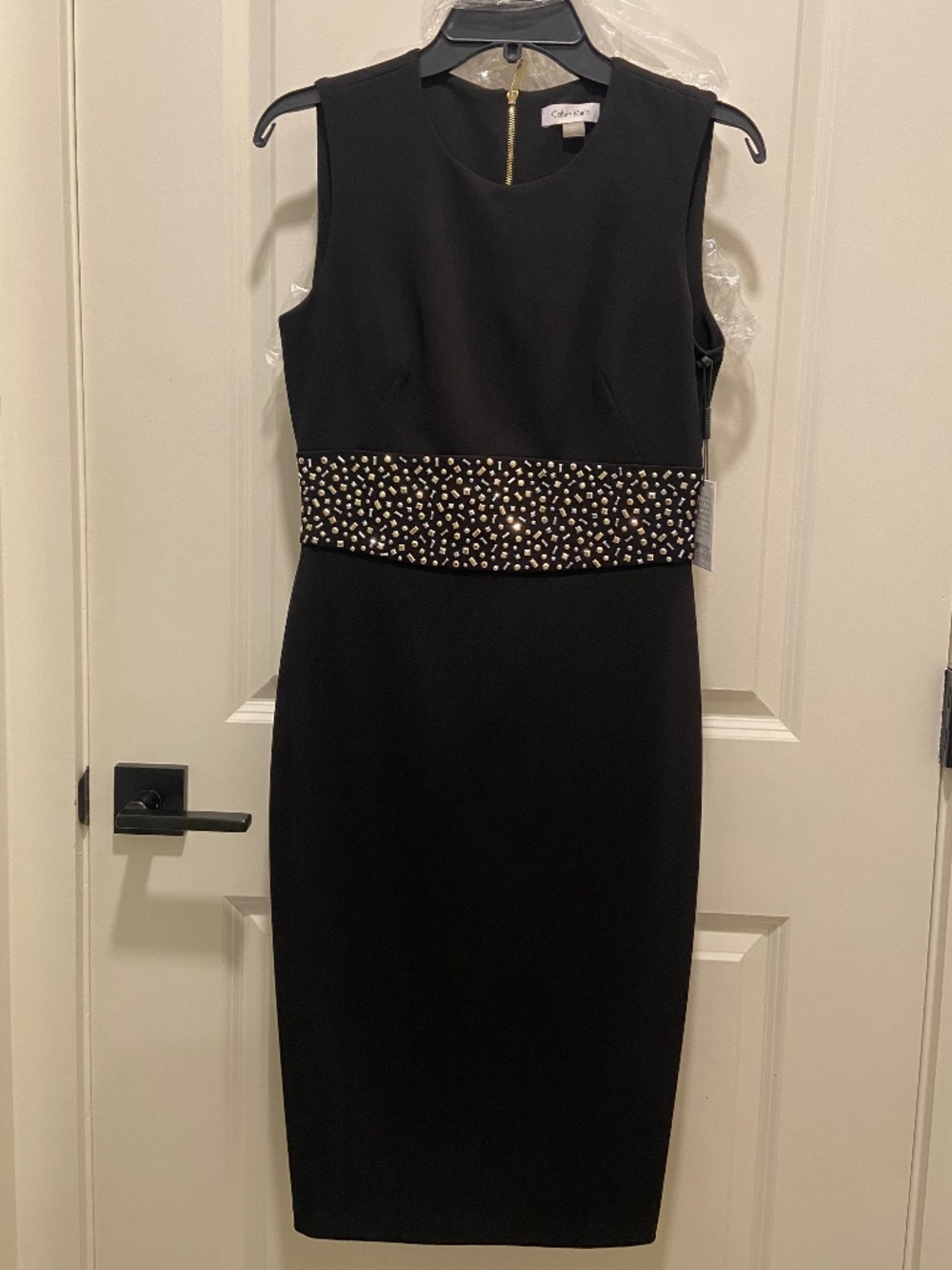 Calvin Klein Black Midi Sheath Dress with Metallic Studded Waistband